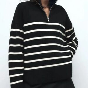Zara 🆕 Striped Sweater 3/4 Zip Funnel Neck Cozy Parisian Chic Black/Off White M
